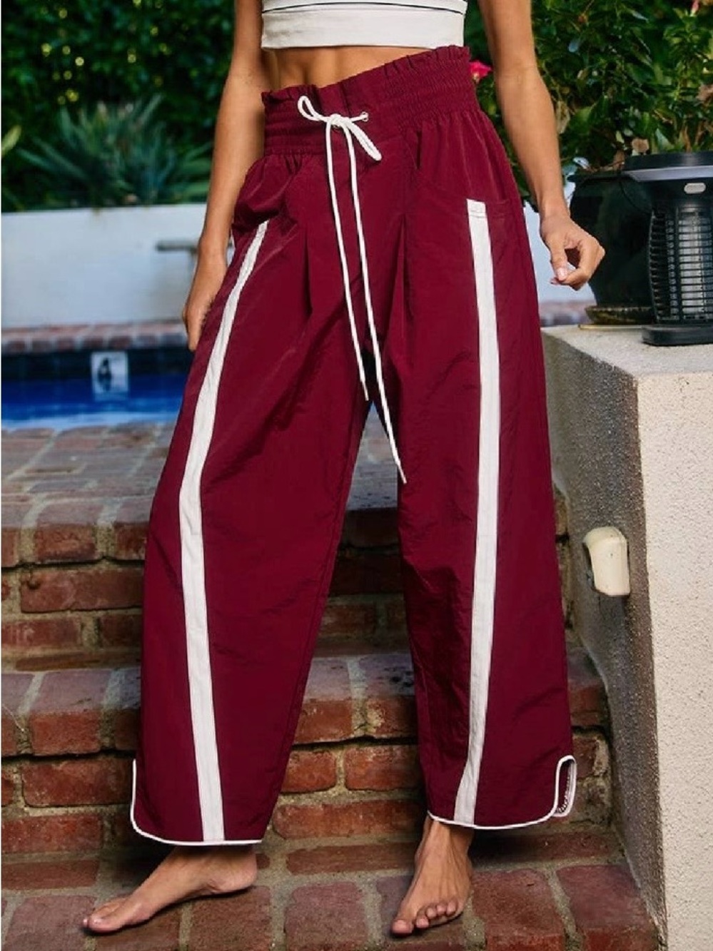Wide-Leg Track Pants with Side Stripe - Burgundy